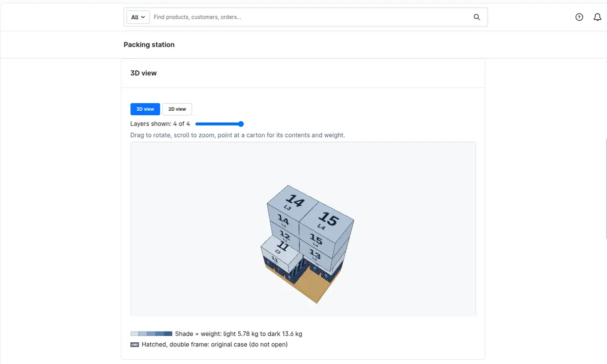 3D view of a pallet with layers and weights