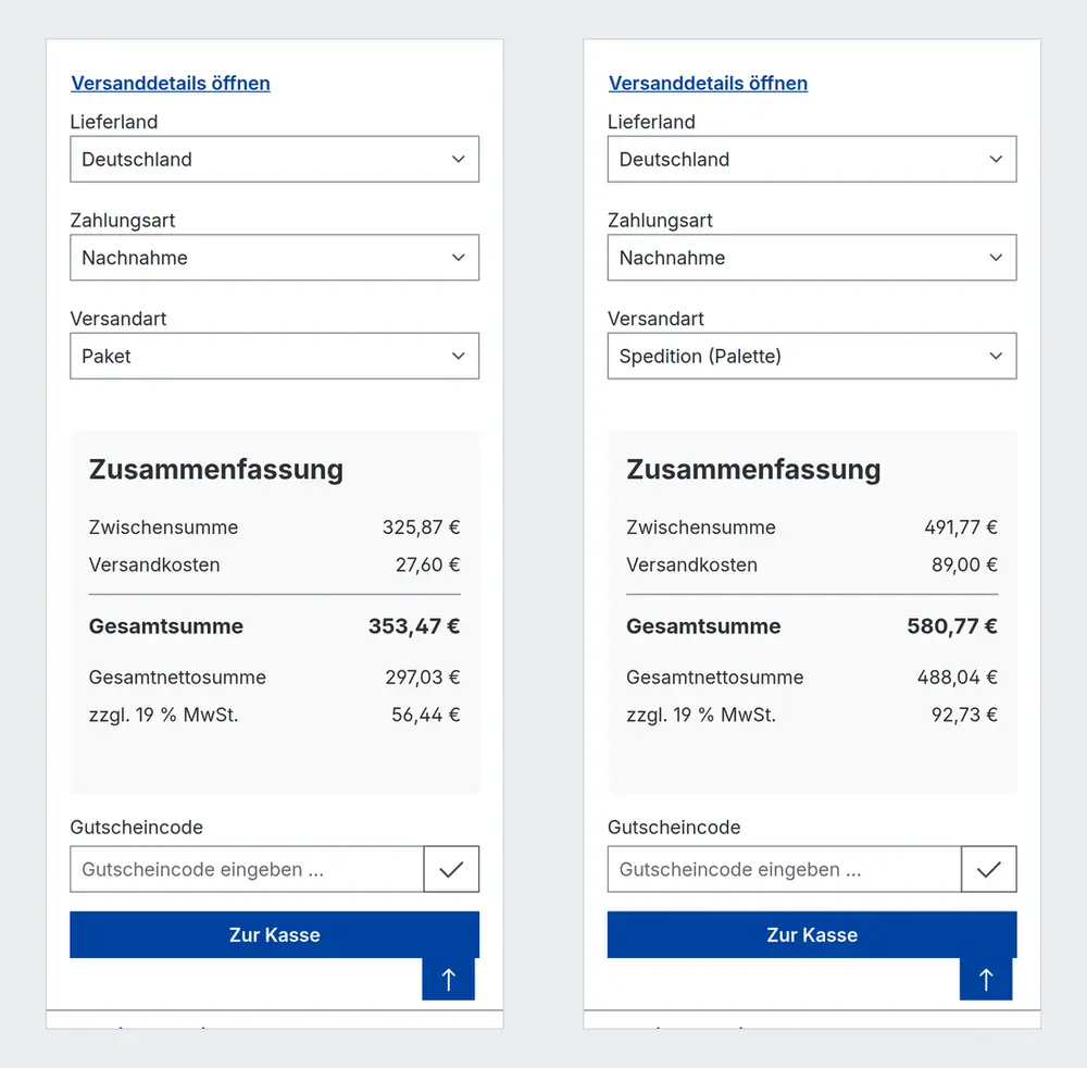 Warenkorb im Shop auf dem Smartphone: links Paket, rechts Spedition (Palette)